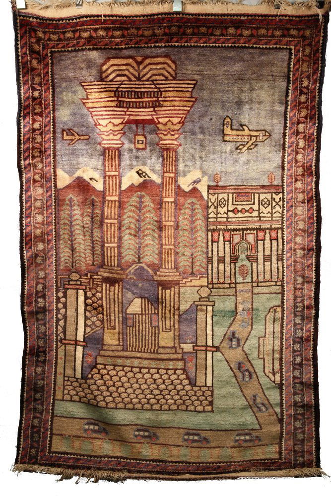 PERSIAN RUG - 4' x 6 1/2' - Northeast Persia, Iran, mid: PERSIAN RUG - 4' x 6 1/2' - Northeast Persia, Iran, mid 20th c, rare pictoral landscape design depicting the 'secular' period of Islam before the rise of Islam's Fundamentalism, snow capped mountains