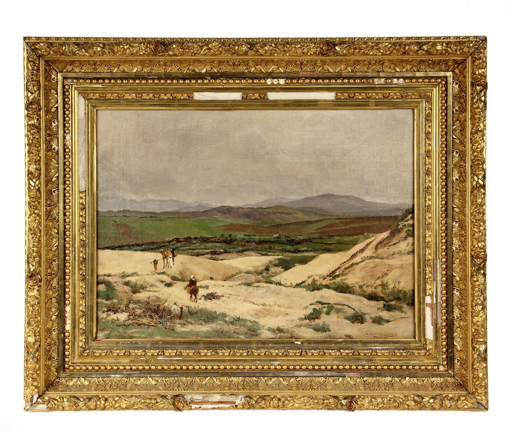 HUGH BOLTON JONES (NY/MD/MA/France, 1848-1927);: HUGH BOLTON JONES (NY/MD/MA/France, 1848-1927); "Tangier", oil on canvas, signed lower right "H. Bolton Jones" and indicating location. Depicts a green valley viewed from desert hills, travelers meeti