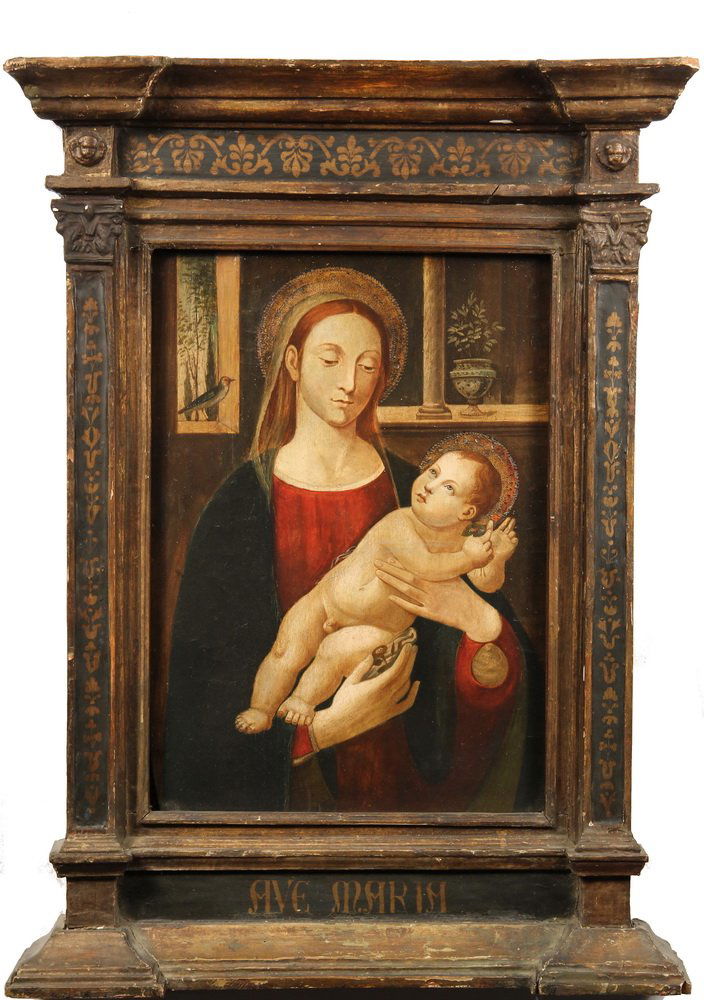 (AFTER) JACOPO DEL SELLAIO (Florence, 1441-1493) -: (AFTER) JACOPO DEL SELLAIO (Florence, 1441-1493) - Madonna and Child, oil on panel, a 17th c. copy in ornate architectural frame of later period. The two, with scraffito halos, have garden windows beh