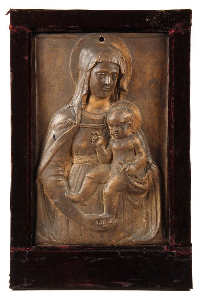 ITALIAN TERRA COTTA BAS RELIEF PLAQUE - Renaissance: ITALIAN TERRA COTTA BAS RELIEF PLAQUE - Renaissance Portrait of the Virgin and Christ Child in molded and carved red clay, Florence, probably 15th c. or later, with modern wine velvet covered frame. O