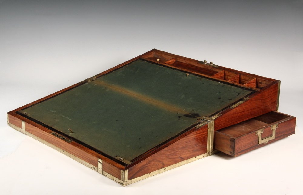 CHINESE EXPORT LAP DESK - 19th c. Brass Bound Mahogany: CHINESE EXPORT LAP DESK - 19th c. Brass Bound Mahogany Desk with flush mount handles (one opens a drawer that is automatically locked when desk is closed), slanted writing surface in green baize, with