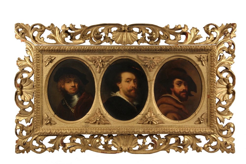 TRIPTYCH OF PORTRAITS - Grand Tour Era Copies of: TRIPTYCH OF PORTRAITS - Grand Tour Era Copies of Self-Portraits by Rembrandt, Rubens and Van Dyck, oil on board, unsigned, oval formats, housed in a single ornate water gilt Florentine frame. OS: 17" 