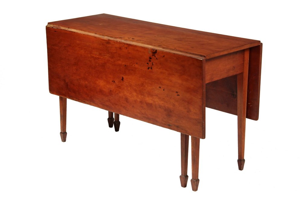 DINING TABLE - Hepplewhite Cherry Drop Swing Leg: DINING TABLE - Hepplewhite Cherry Drop Swing Leg Gateleg Table on square tapered legs with spade feet. Circa 1830s, New England. 29 3/4" tall, 47 3/4" x 18", with 16 1/2" leaves. Burns to top.