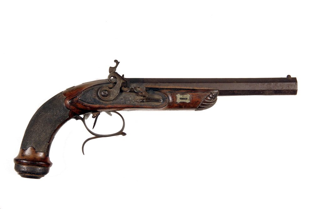 FLINTLOCK PISTOL - Liege Belgium, circa 1820, octagonal: FLINTLOCK PISTOL - Liege Belgium, circa 1820, octagonal 8" rifled and pinned barrel with gold inlaid "Canon de Damas", proof mark on side, walnut stock with checkered grip, bulbous engraved steel butt