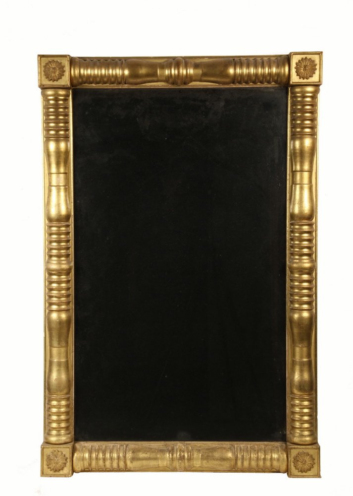 FEDERAL PERIOD HALL MIRROR - Large Pier Mirror in gilt: FEDERAL PERIOD HALL MIRROR - Large Pier Mirror in gilt split ring and urn column frame with floral block corners, old beveled grey tinted mirror glass. 47" x 31". Good condition.