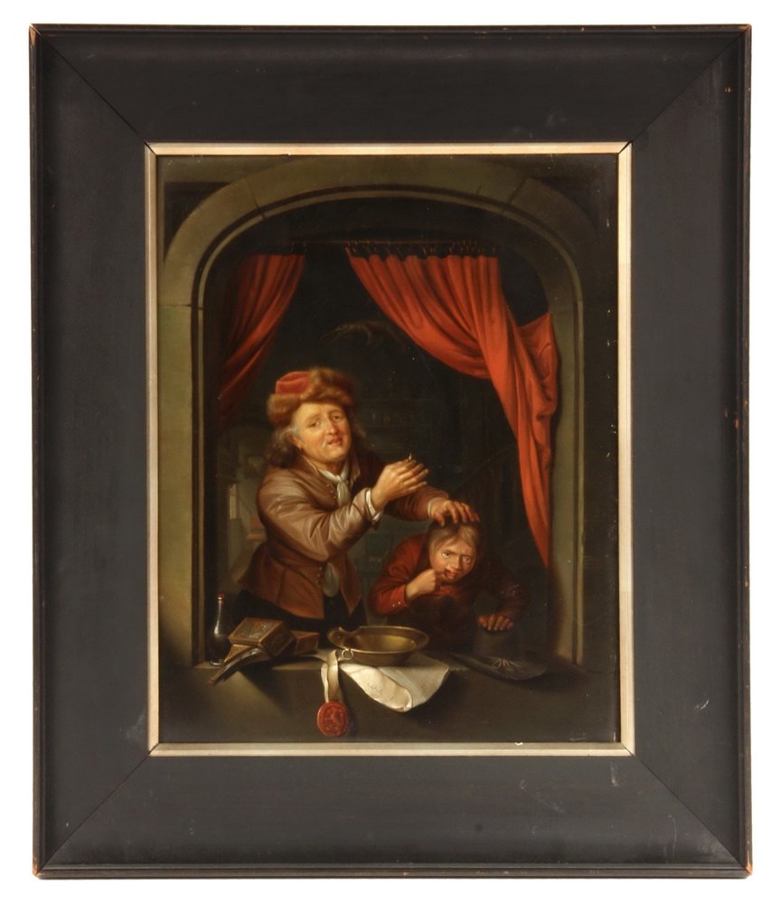 AFTER GERARD DOU, (Netherlands, 1613-1675); "The: AFTER GERARD DOU, (Netherlands, 1613-1675); "The Dentist", oil on tin, a late 19th c. student copy, having Dou's signature replicated on the scroll, along with the 1672 date of the original, which was