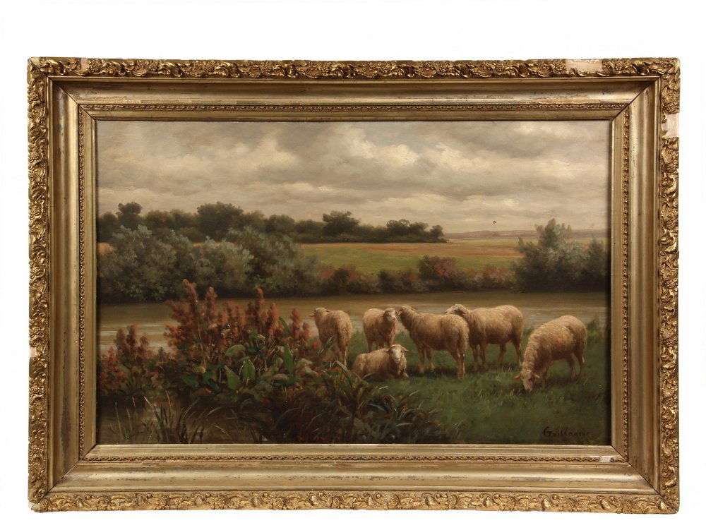 LOUIS GUILLAUME (Swiss, 1865-1942) - Pastoral Scene: LOUIS GUILLAUME (Swiss, 1865-1942) - Pastoral Scene with Flock of Sheep, signed lower right, in original gold gesso cove frame, OS: 24" x 34", SS: 17 1/2" x 27 1/2", small hole in sky, losses to frame