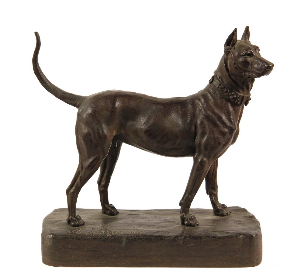 ALFRED BARYE - (French, 1839-1882); "Great Dane",: ALFRED BARYE - (French, 1839-1882); "Great Dane", Animalier bronze statue on integral plinth, signed "A. Barye, Fils", 9 1/4" x 9 1/2" x 3 1/2", warm chocolate patina.