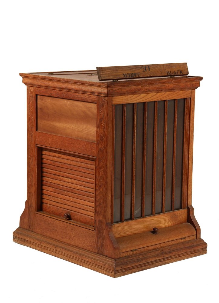 CLARKS O.N.T. SPOOL CABINET - Circa 1910 Rotating: CLARKS O.N.T. SPOOL CABINET - Circa 1910 Rotating Golden Oak Countertop Store Display Cabinet, with seven section glass front rack on each side, top-loading, tambour covered storage on other sides, tw