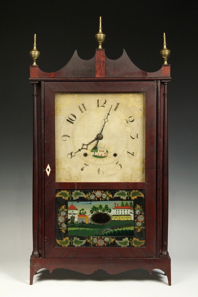 EARLY CONNECTICUT SHELF CLOCK - Wooden Works Pillar &: EARLY CONNECTICUT SHELF CLOCK - Wooden Works Pillar & Scroll Shelf Clock with Eglomise Panel, time and strike wooden movement made by Samuel Terry, from the Eli Terry patent, cased and finished by Eli
