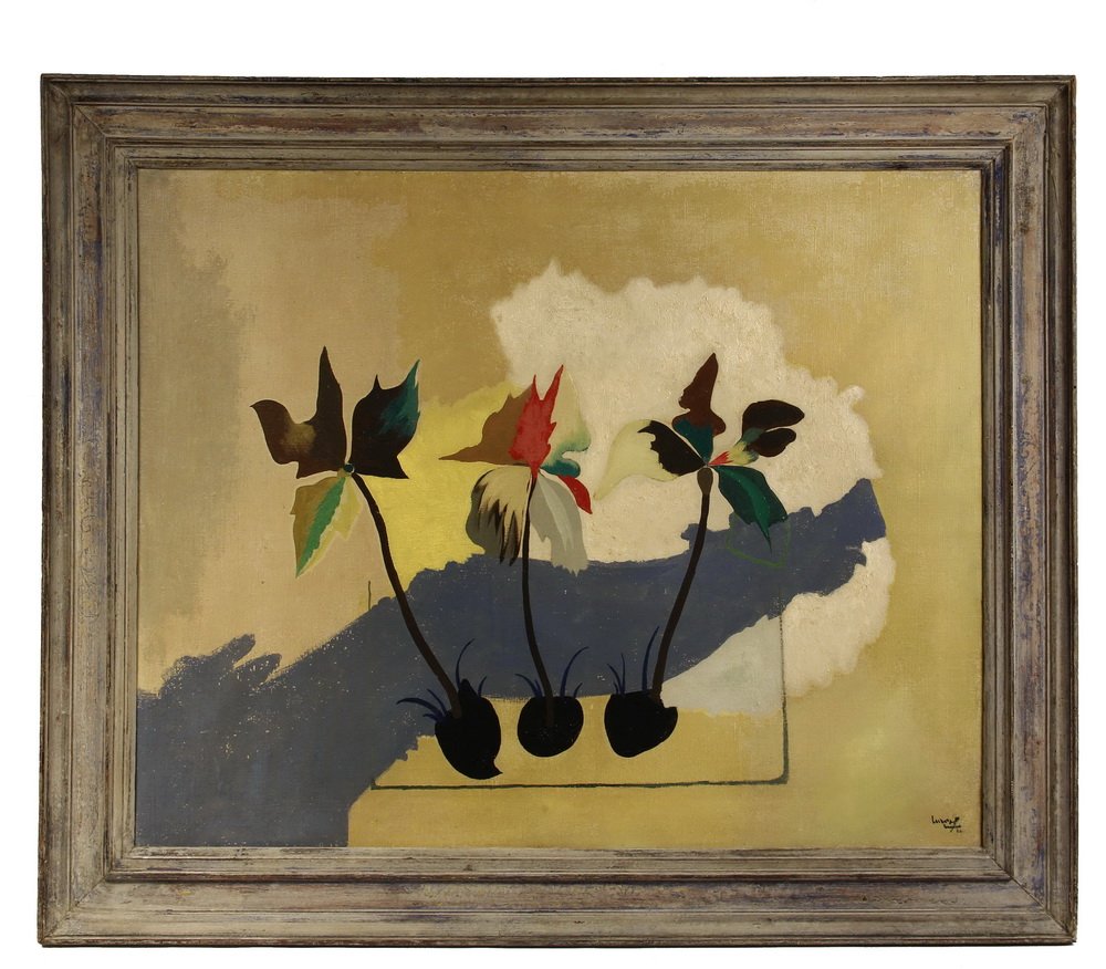 JEAN LURCAT (NY/France, 1892-1966) -: JEAN LURCAT (NY/France, 1892-1966) - Abstract of Three Flowering Bulbs, oil on canvas, signed lower right, dated '32. In painted molded frame. OS: 35 1/2" x 43 1/2", SS: 28" x 36". Good condition.