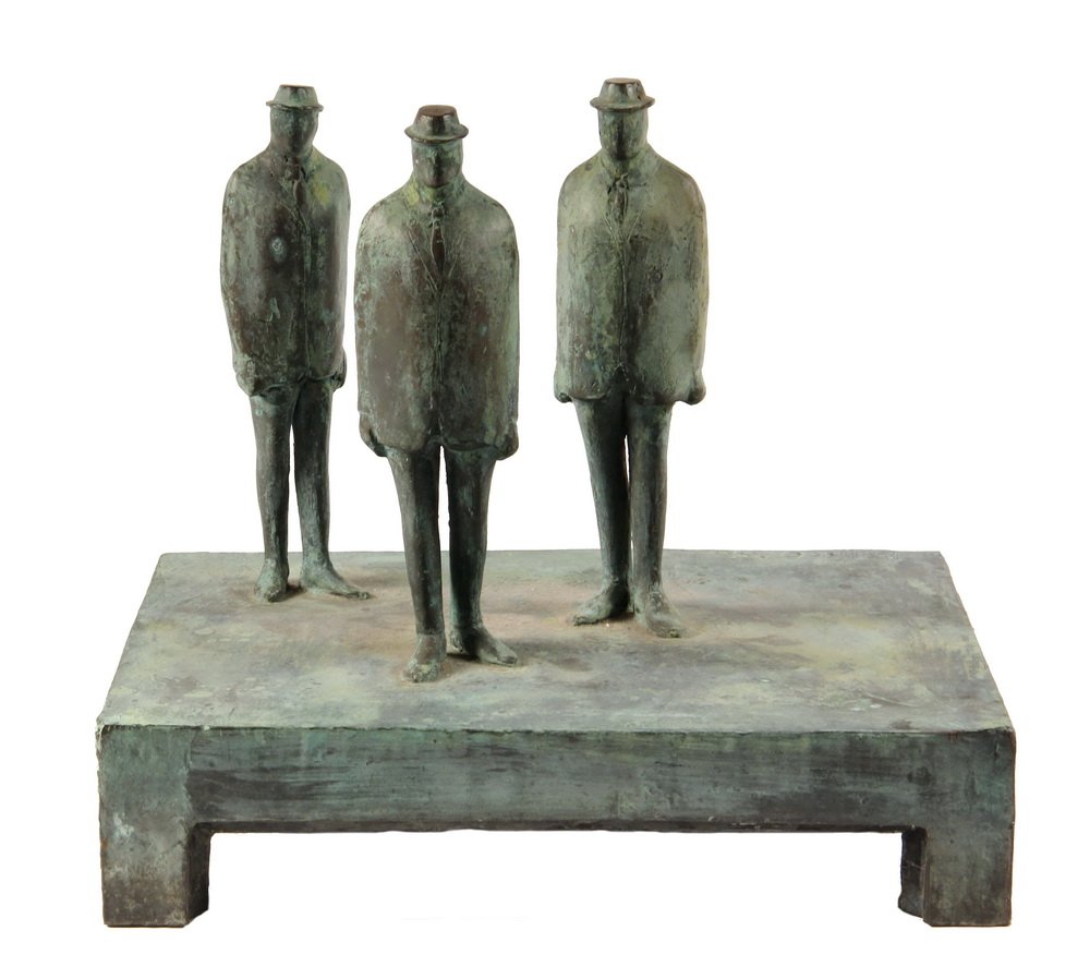 ROGER PRINCE (20th c. Maine), "3 Men", patinated: ROGER PRINCE (20th c. Maine), "3 Men", patinated bronze, a unique casting, signed "Prince", dated 1965 on integral plinth. 10 3/4' x 12" x 9 1/2".