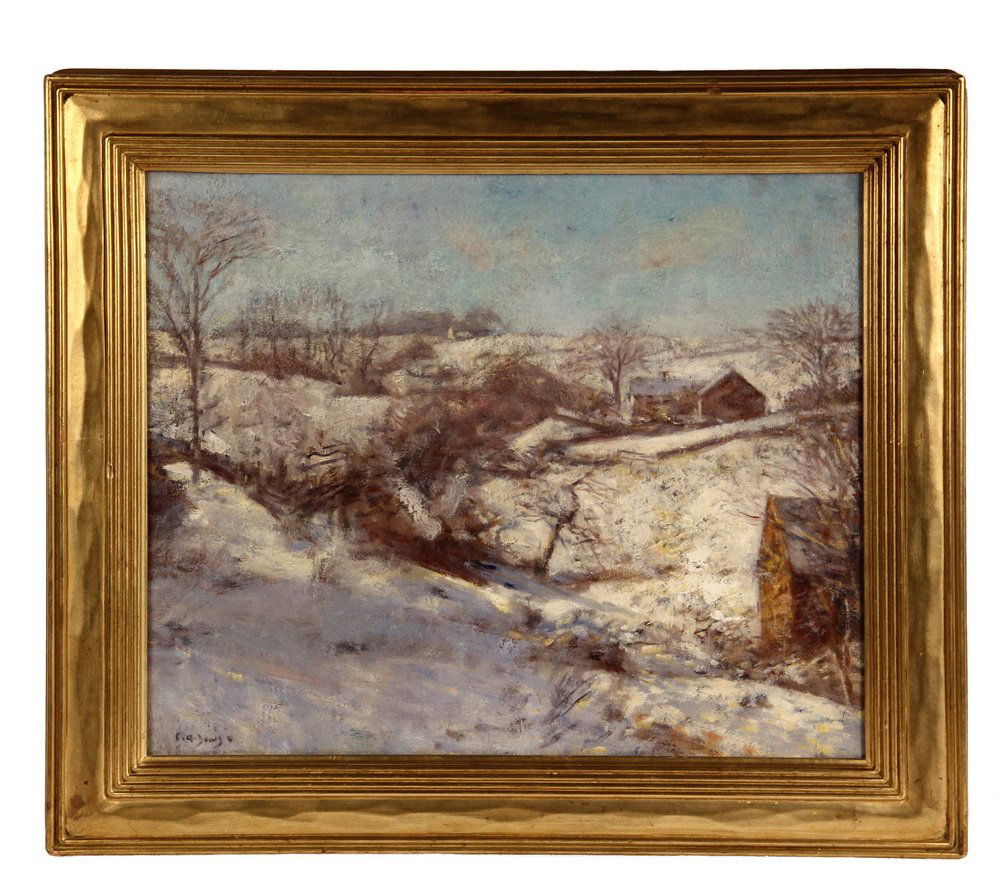 CHARLES HAROLD DAVIS (CT/NY/MA, 1856-1933): CHARLES HAROLD DAVIS, (CT/NY/MA, 1856-1933) - Winter Landscape with Farm Houses, oil on canvas, signed lower left "C.H. Davis". In vintage gilt hand carved frame. OS: 19 1/2" x 22 1/2", SS: 14 1/2" x