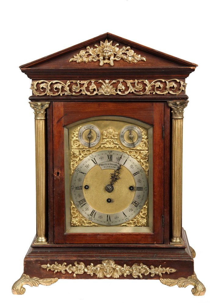 SCOTTISH BRACKET CLOCK - White & Gregory of Glasgow,: SCOTTISH BRACKET CLOCK - White & Gregory of Glasgow, circa 1890, Classical Revival, Mahogany Case with gilt bronze mounts, Westminster or Cambridge chimes, gilt face with applique brackets, silvered r