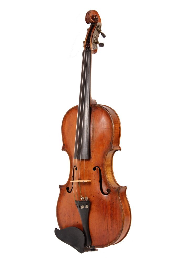 FINE VIOLIN - Full-Sized Violin labeled "Johann Andreas: FINE VIOLIN - Full-Sized Violin labeled "Johann Andreas Doerffel, Violin und Lautenmacher in Klingenthal 1755", in vintage hard leather case. 14" body, 23 1/4" oa. Neck graft is open, right lower top 