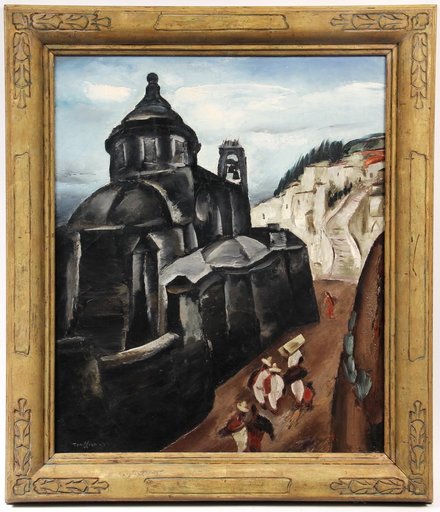 GUSTAF ADOLF TENGGREN (CA/NY/Sweden 1896-1970) - View: GUSTAF ADOLF TENGGREN (CA/NY/Sweden 1896-1970) - View of a Mexican Town, oil on canvas, signed lower left, dated '39. Depicting people passing an early cathedral, houses and stepped road on distant hi