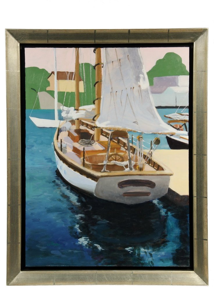 ROBERT COLBURN (Contemporary Maine); "Apres Sail",: ROBERT COLBURN (Contemporary Maine); "Apres Sail", acrylic on panel, signed "Colburn" lower left, titled on Bayview Gallery of Camden, Maine label verso. In silver leafed mitered frame with black shad