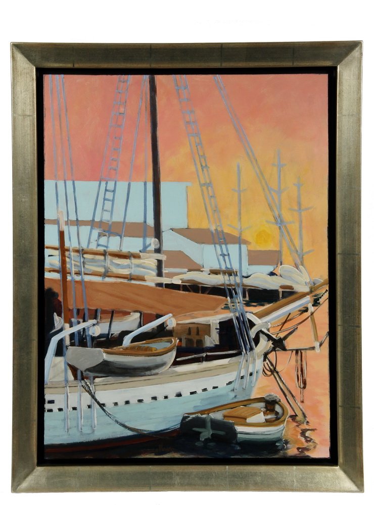 ROBERT COLBURN (Contemporary Maine); "Dawn, Camden",: ROBERT COLBURN (Contemporary Maine); "Dawn, Camden", acrylic on panel, signed "Colburn" lower center, titled on Bayview Gallery of Camden, Maine label verso. In silver leafed mitered frame with black 