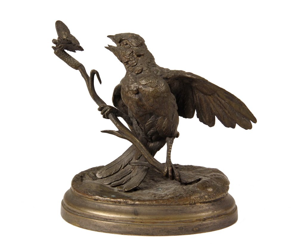 JULES MOIGNIEZ (France, 1835-1894) - Bronze Sparrow: JULES MOIGNIEZ (France, 1835-1894) - Bronze Sparrow with Butterfly on Cat-tail, signed on integral base. 5" tall. Good condition.