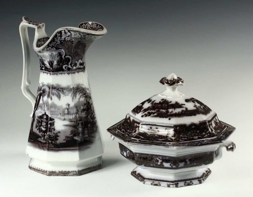 (2 PCS) MULBERRY TRANSFERWARE - Large Pitcher with: (2 PCS) MULBERRY TRANSFERWARE - Large Pitcher with fantasy landscapes having orientalist architecture, marked "Washington Vase" & PW&Co" on underside, 12" tall, spider hairline at bottom; PLUS Octagon