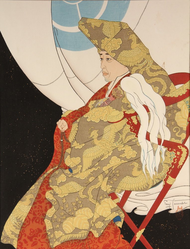 PAUL JACOULET (France/Japan, 1902-1960); "Le Dieu: PAUL JACOULET (France/Japan, 1902-1960); "Le Dieu Vivant, Nagano, Japan", pencil signed and with his owl chop, stamped verso "No 159/350". This print was executed on Dec 28, 1952. In the original mat,