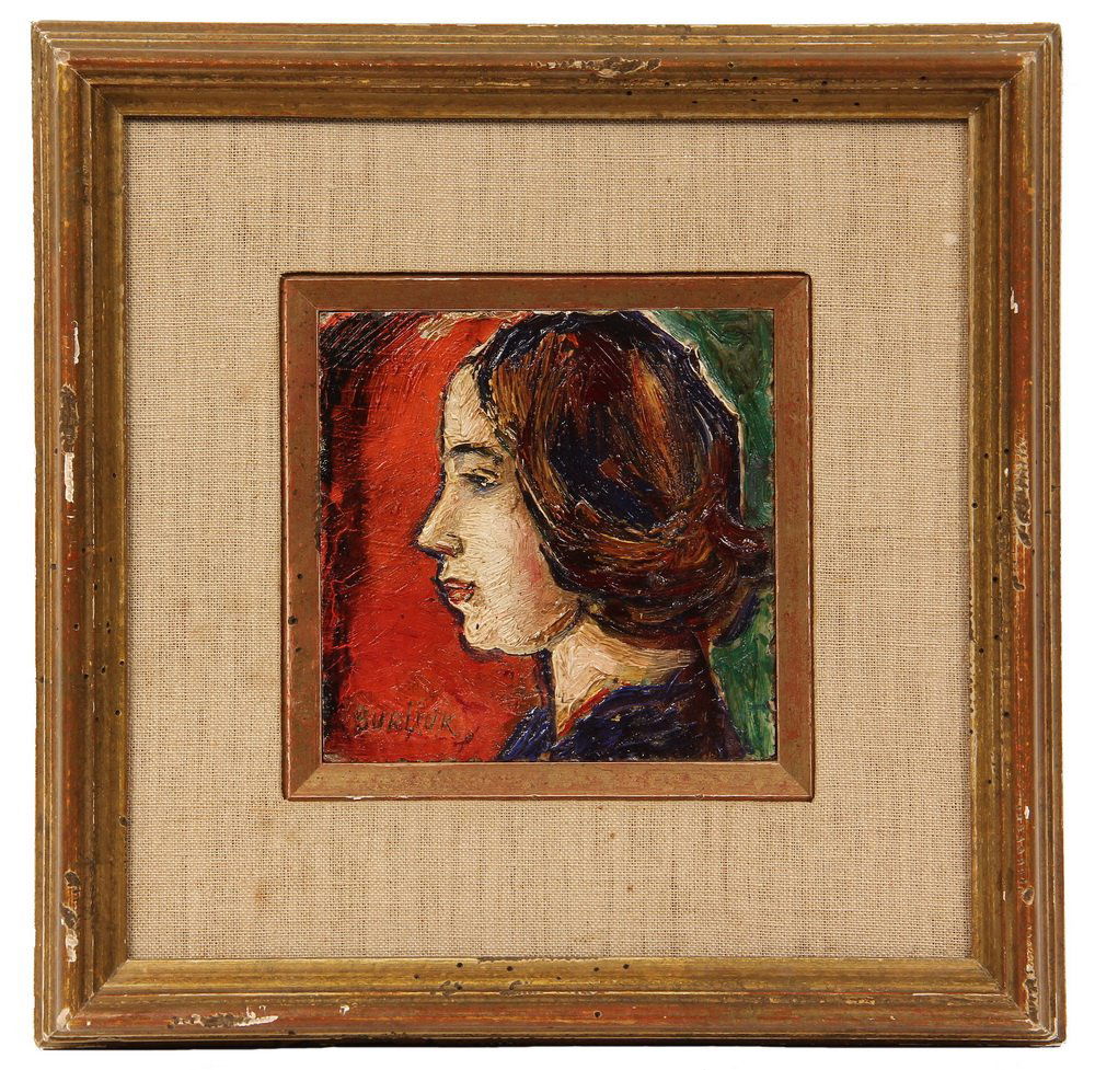 DAVID DAVIDOVICH BURKLIUK (NY/Russia, 1882-1967) -: DAVID DAVIDOVICH BURKLIUK (NY/Russia, 1882-1967) - "Mary Clear Burliuk", oil on maso, signed lower left, titled verso and dated 1960. Profile bust portrait of his daughter. In gold molded frame with l