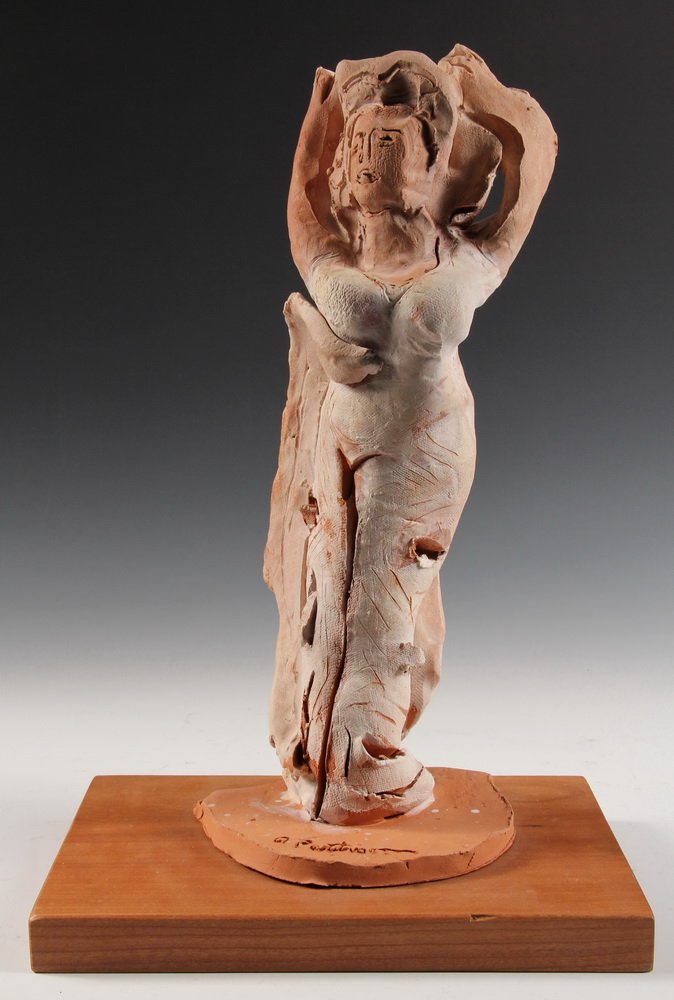 TERRA COTTA SCULPTURE - 'Salome', 1981, by Abbott: TERRA COTTA SCULPTURE - 'Salome', 1981, by Abbott Lawrence Pattison (IL, 1916-1999), signed on integral base. With flat white glaze. Mounted on wooden plate. 12 3/4" tall figure. 9" x 6" base. Fine co