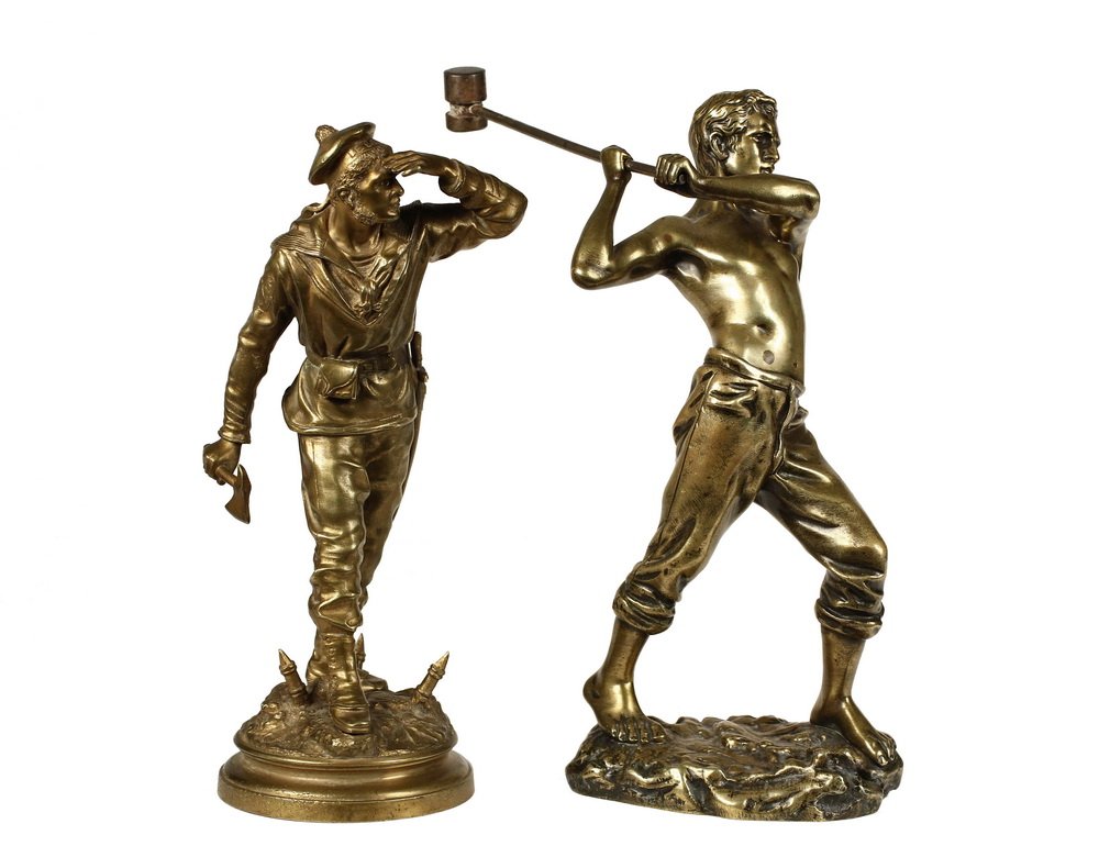 (2) 19TH C BRONZE SCULPTURES - "Le Bayard" by Charles: (2) 19TH C BRONZE SCULPTURES - "Le Bayard" by Charles Anfrie (French, 1833-1905), signed on base, 9 1/2" tall, dings to base, sword bent; PLUS Laborer, signed "Gamboge" and stamped "Bronze Caranti" on