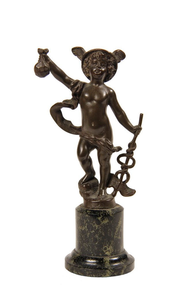 FRANZ IFFLAND (German, 1862-1935) - "Young Mercury", a: FRANZ IFFLAND (German, 1862-1935) - "Young Mercury", a miniature bronze on marble plinth, signed on back "F. Iffland". 5" tall overall. Fine condition.