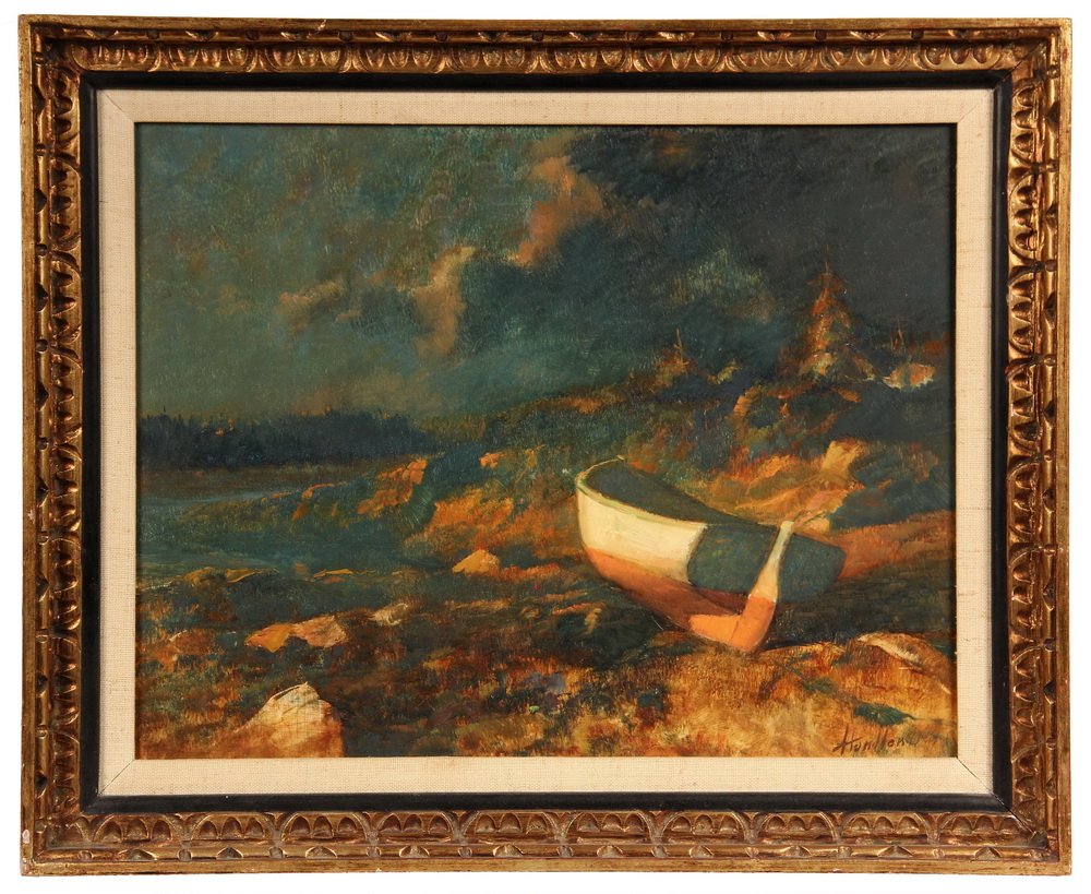 FRANK W. HANDLEN (ME/NJ, 1916 - ) - Beached Skiff, oil: FRANK W. HANDLEN (ME/NJ, 1916 - ) - Beached Skiff, oil on hardboard, in gold carved frame with linen liner. OS: 17 3/4" x 21 3/4", SS: 13 1/2" x 17 1/2". Fine condition.
