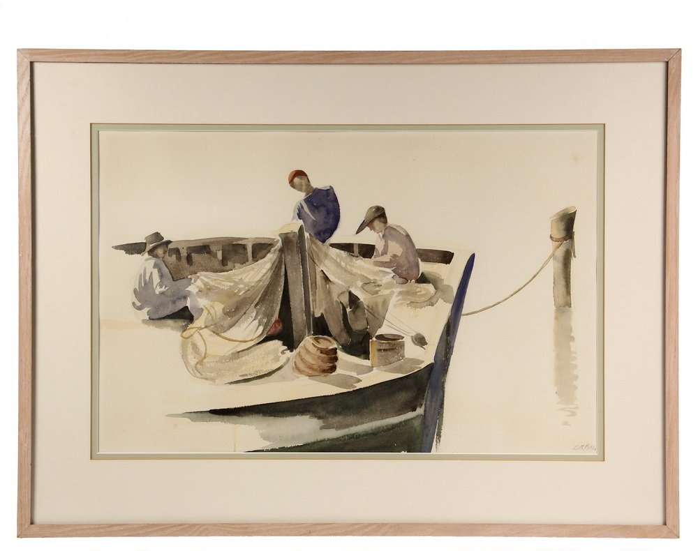 DORIS RIKER BEER (MA, 1898-1967); Nantucket Net: DORIS RIKER BEER (MA, 1898-1967); Nantucket Net Menders, watercolor on paper, signed lower right "D.R. Beer", Sue Page Shop of Wellesley, Mass. label verso. In bleached oak box frame, matted, under no