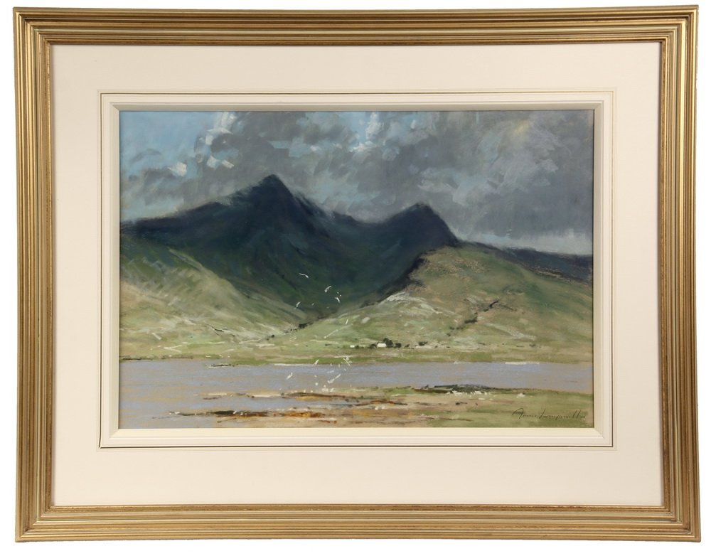 JAMES LONGUEVILLE (UK, 1942 - ) - "Ben More, Mull",: JAMES LONGUEVILLE (UK, 1942 - ) - "Ben More, Mull", pastel, signed lr, titled on Sarah Samuels of Wrexham label verso; an Impressionistic rendering of the Scotland landmark. In gold molded frame, fren