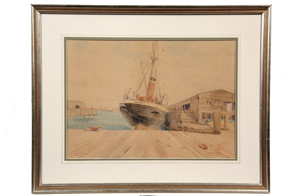 GUY STANDING (British) - Glasgow Steam/Sail Ship: GUY STANDING (British) - Glasgow Steam/Sail Ship 'Mongolian', by Guy Standing, watercolor, signed lr & dated 1895. In silver molded frame, matted and glazed. OS: 21" x 27". SS: 13 1/2" x 19". Good con