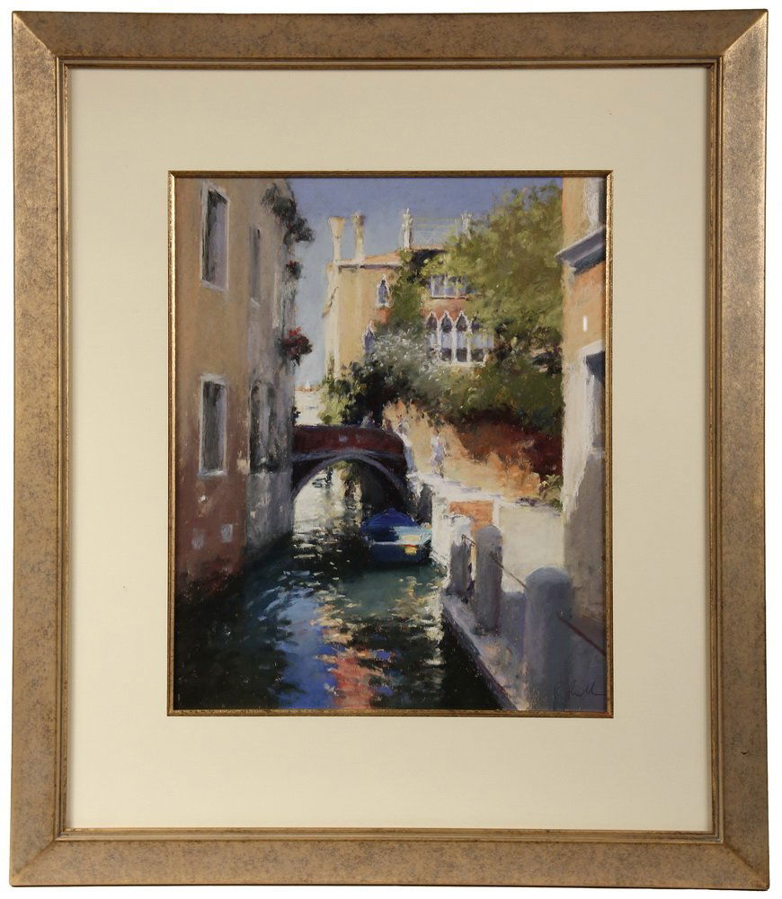BOB RICHARDSON; (UK, 1938 - ) - "A Side Canal, Venice",: BOB RICHARDSON; (UK, 1938 - ) - "A Side Canal, Venice", signed lr, titled on Sarah Samuels of Wrexham label verso; an Impressionistic rendering of a small footbridge. In stippled gold panel frame, mat