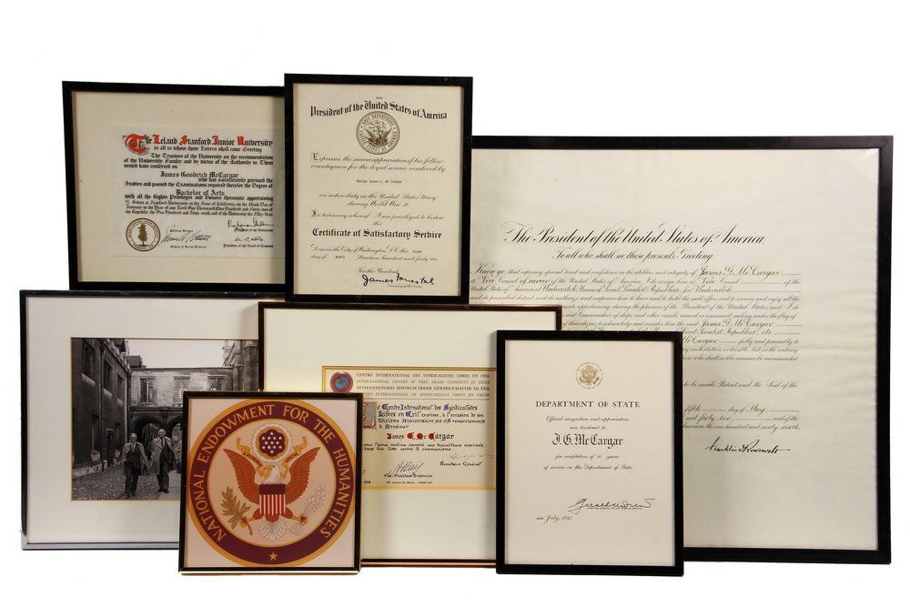 (9) CERTIFICATES, SEAL & PHOTO - Appointments of James: (9) CERTIFICATES, SEAL & PHOTO - Appointments of James G. McCargar, US State Department, agent for 'The Pond' under Col. John V. Grombach in Hungary, later active with the CIA as 'Christopher Felix'. 