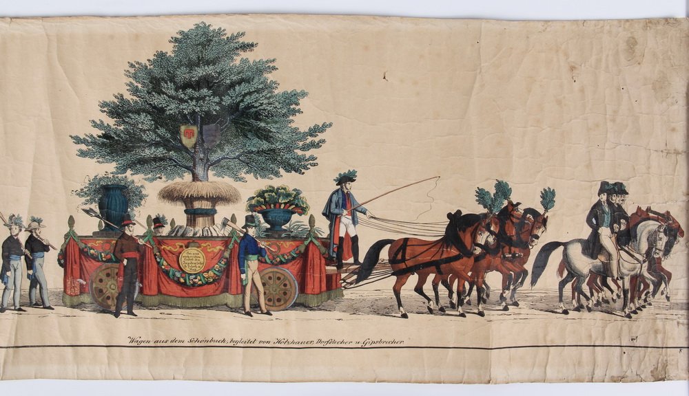 GERMAN PROCESSIONAL SCROLL - Hand Colored Engraving on: GERMAN PROCESSIONAL SCROLL - Hand Colored Engraving on Paper of German Guild Procession, possibly from the 1871 Unification of Germany and crowning of Kaiser Wilhelm I as the first Emperor. Depicts 22