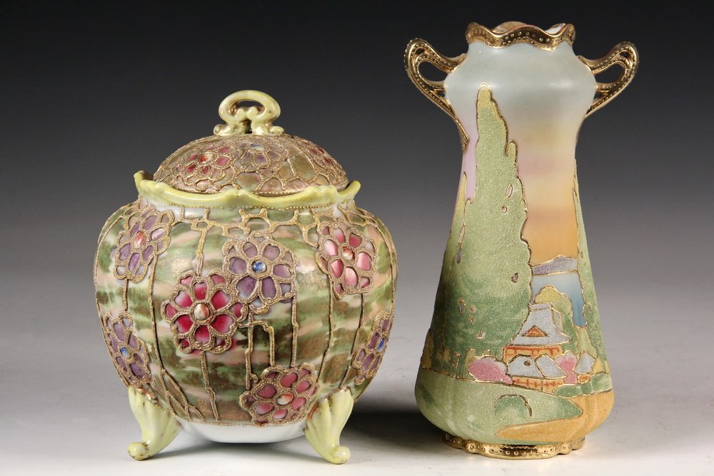 (2 PCS) NIPPON CORALENE PORCELAIN - Melon Form Biscuit: (2 PCS) NIPPON CORALENE PORCELAIN - Melon Form Biscuit Jar with three stem feet, shaped edge opening, domed lid, having flower blossoms over wetlands; PLUS Art Nouveau Stem Vase with landscape. 7 3/4"