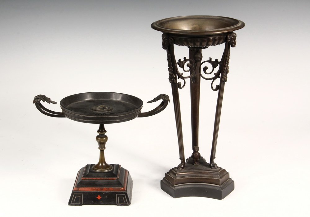 (2) FRENCH BRONZE TAZZAS - Neo-Classical Themed, Empire: (2) FRENCH BRONZE TAZZAS - Neo-Classical Themed, Empire to Restoration Period, including: Tall Romanesque Censer, with ribbed pan with pine cone pendant, sitting on ram's head tripod base with cloven-