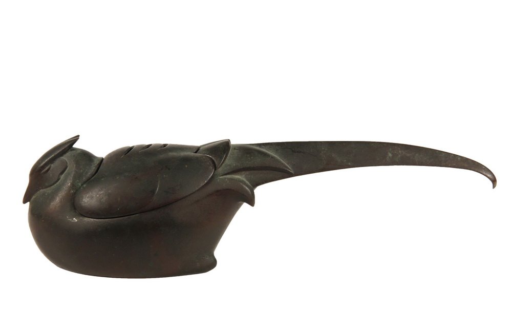 JAPANESE BRONZE INCENSE BURNER - 17th c. Edo Period: JAPANESE BRONZE INCENSE BURNER - 17th c. Edo Period Processional Incense Burner in refined near abstract form of a Pheasant, with lift-off vented back cover, long down-curved tail that serves as handl
