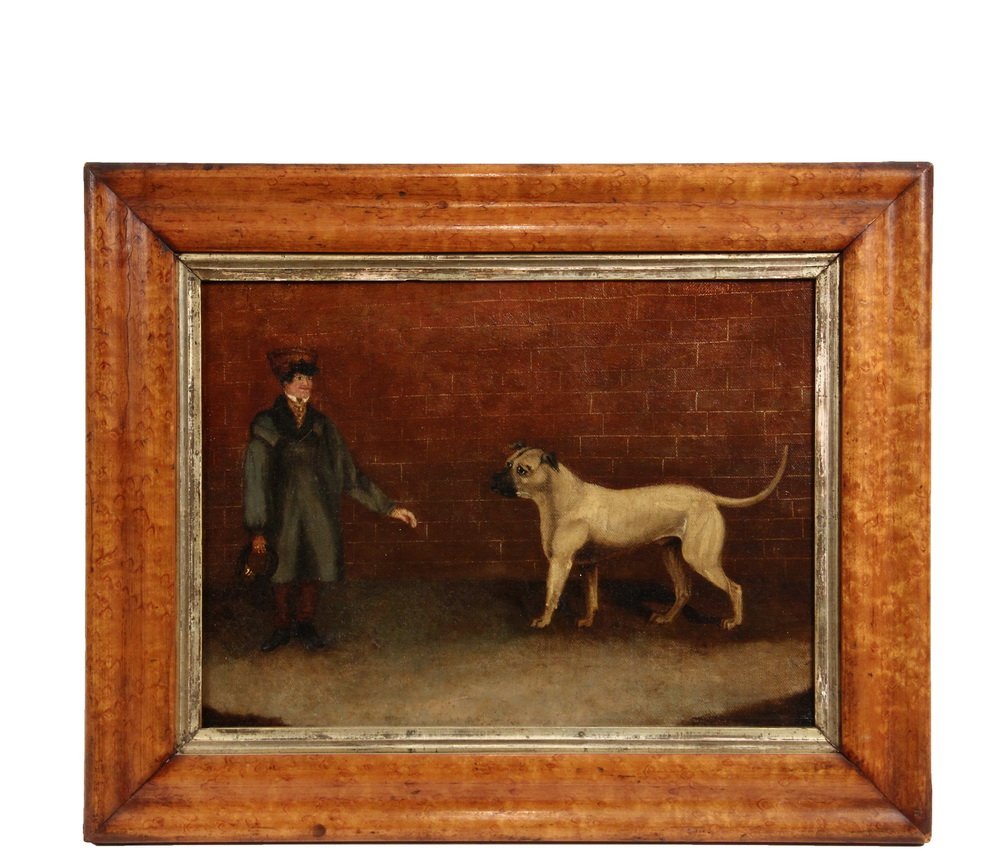 UNSIGNED - Naive Portrait of a Chauffeur and an: UNSIGNED - Naive Portrait of a Chauffeur and an Enormous Hound in front of a brick wall, oil on canvas, circa 1910. In bird's-eye maple frame with gilt liner. OS: 14" x 17 1/4", SS: 9 1/4" x 12 1/2". 