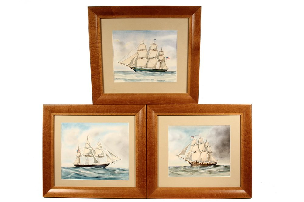 (6) MARITIME WATERCOLORS - In two sets of three: (6) MARITIME WATERCOLORS - In two sets of three bird's-eye maple frames, matted and glazed, including: "The Chesapeake Encounters the Shannon" signed Thomas K. Jones; "US Cotton Ship "Bazaar", unsigne