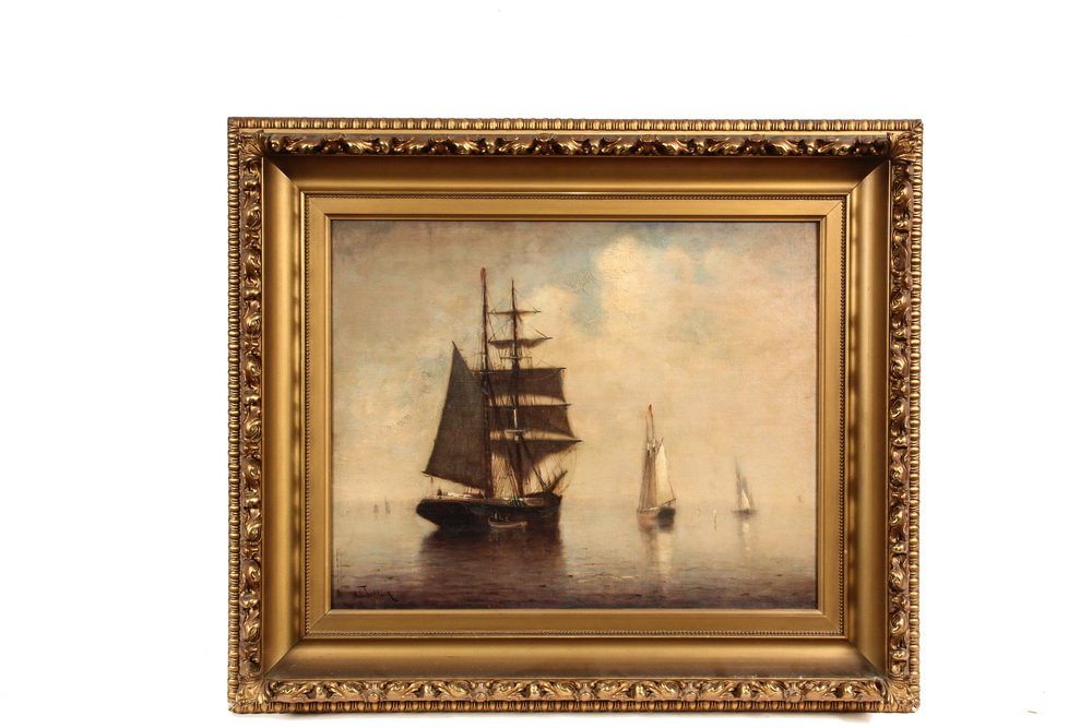 MARSHALL JOHNSON JR. (MA, 1850-1921); Barque and: MARSHALL JOHNSON JR. (MA, 1850-1921); Barque and Schooners in Golden Mist, oil on canvas, signed lower left. In vintage gold gesso edged cove frame, OS: 24" x 28", SS: 15 3/4" x 19 3/4". Fine conditio