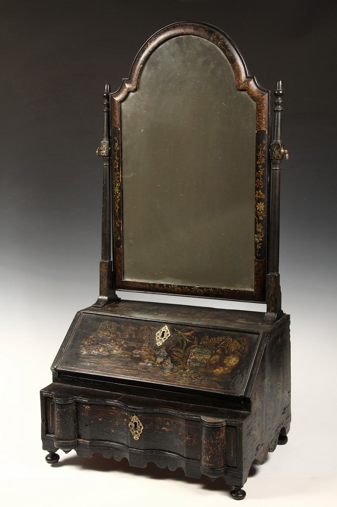 CHINESE DRESSER-TOP DESK WITH MIRROR - Black Lacquered: CHINESE DRESSER-TOP DESK WITH MIRROR - Black Lacquered Export Piece with overall raised gold and red figure and fauna decoration, garden scenes on lid and top, birds on sides, having tombstone arched 