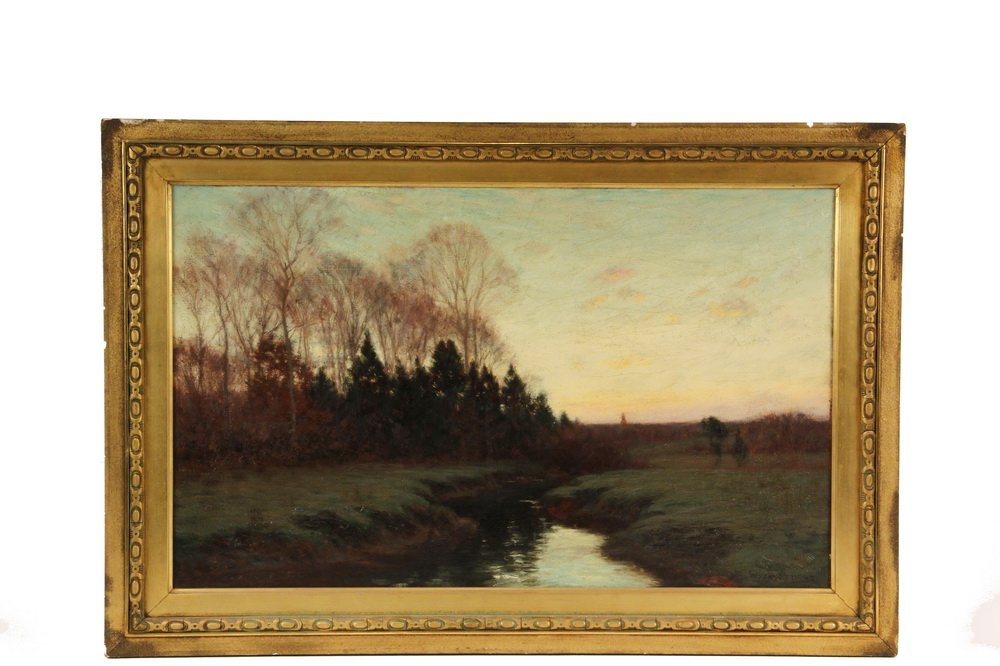 WILLIAM MERRITT POST (CT/NY. 1856-1935) - Sunrise,: WILLIAM MERRITT POST (CT/NY. 1856-1935) - Sunrise, Spring Landscape with Stream; oil on canvas, signed lower right "Wm. Merritt Post". In gilt frame liner, OS: 20 3/4" x 30 3/4", SS: 15 3/4" x 25 3/4"