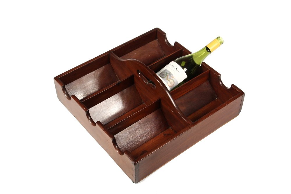 BRITISH BUTLER'S BOTTLE CARRIER - Georgian Mahogany Six: BRITISH BUTLER'S BOTTLE CARRIER - Georgian Mahogany Six Compartment Carrier with each compartment having canted sides and a semi-circular notch to accommodate a wine bottle laying on its side, having 