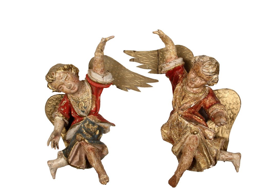 PAIR OF RELIGIOUS FIGURES - 18th c. Peruvian Carved and: PAIR OF RELIGIOUS FIGURES - 18th c. Peruvian Carved and Gilded Polychromed Wood Angels with pressed tin gold painted wings, in opposing stances of presentation, probably from an altar backing. 18" tal