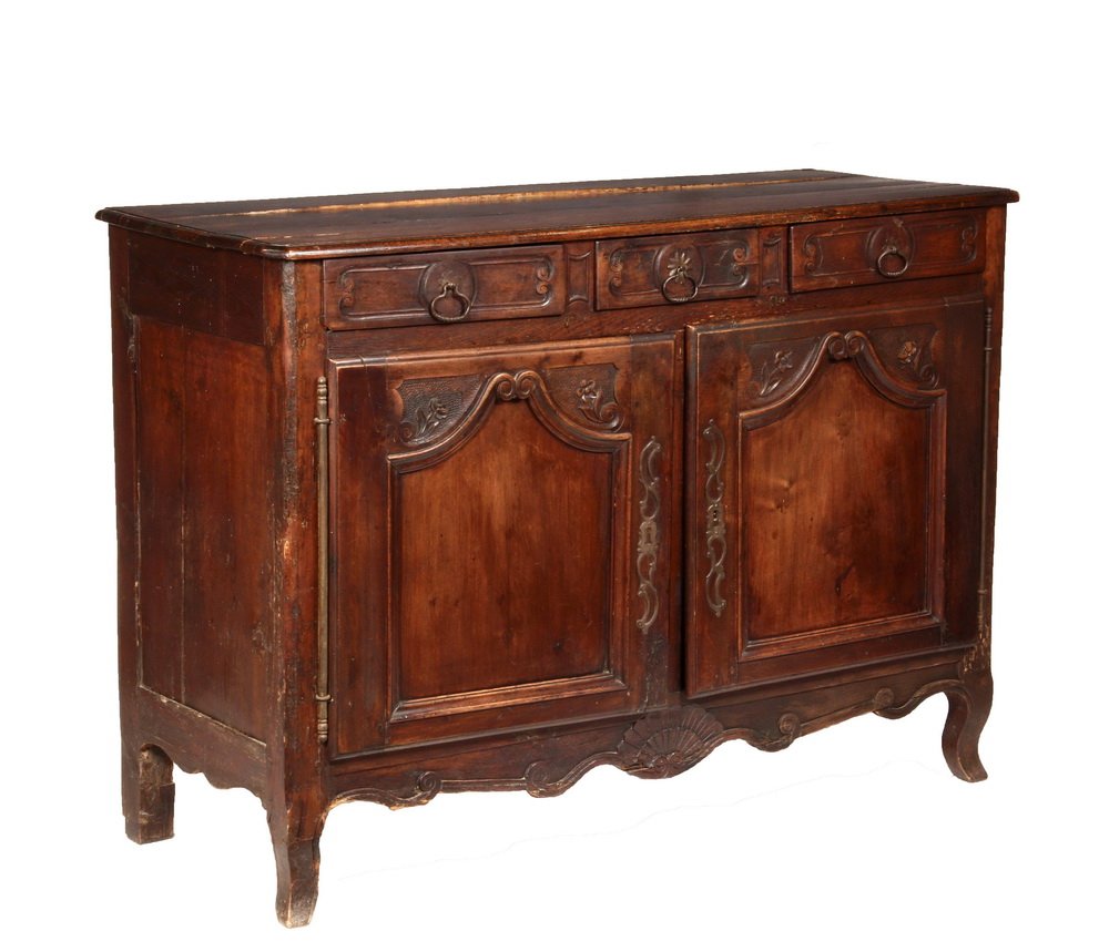 FRENCH SIDEBOARD - 18th c. French Provincial Server: FRENCH SIDEBOARD - 18th c. French Provincial Server with overhanging molded top, three shallow drawers with carved panel fronts and original iron ring pulls, small panels in frame between, the two low