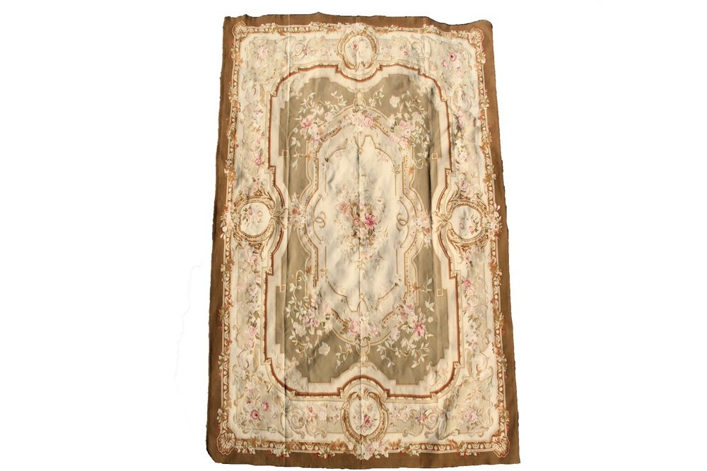 AUBUSSON CARPET - 11'9" X 14'9" - France, Floral center: AUBUSSON CARPET - 11'9" X 14'9" - France, Floral center medallion on a taupe field with rose, pink, olive, tan and camel, wide ivory floral border. Good condition.