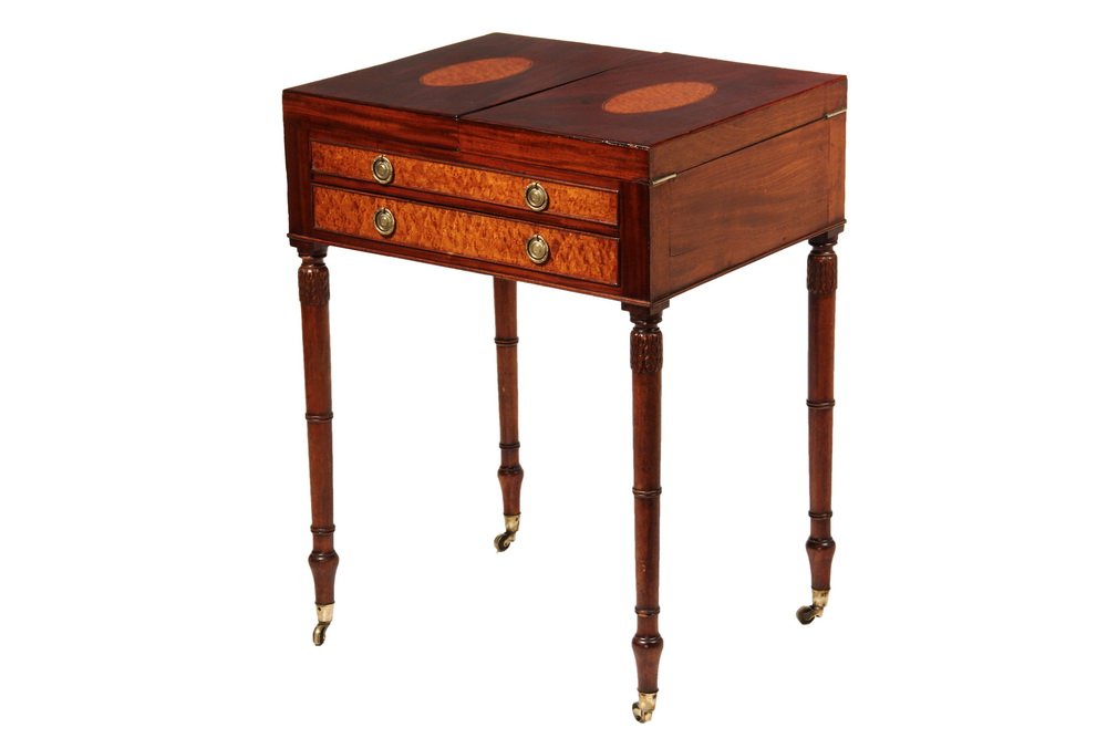 GENT'S DRESSING STAND - English Sheraton Period "Beau: GENT'S DRESSING STAND - English Sheraton Period "Beau Brummel" Stand, after the notorious dandy of the same name (1778-1840), in mahogany with bird's-eye inlay, the typical double hinged top having ov
