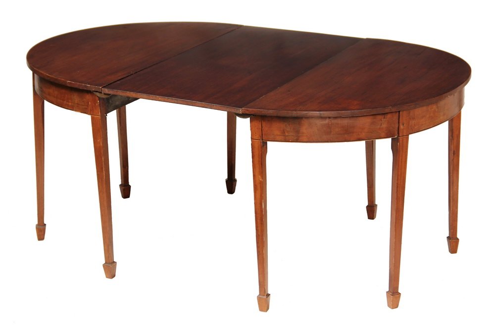 BANQUET TABLE - Period Mahogany Hepplewhite Dining: BANQUET TABLE - Period Mahogany Hepplewhite Dining Table can be used as pair of demilunes, having overhanging top, conforming beaded skirt, string inlay, spade feet, brass cleats. 30" x 44" x 23" each